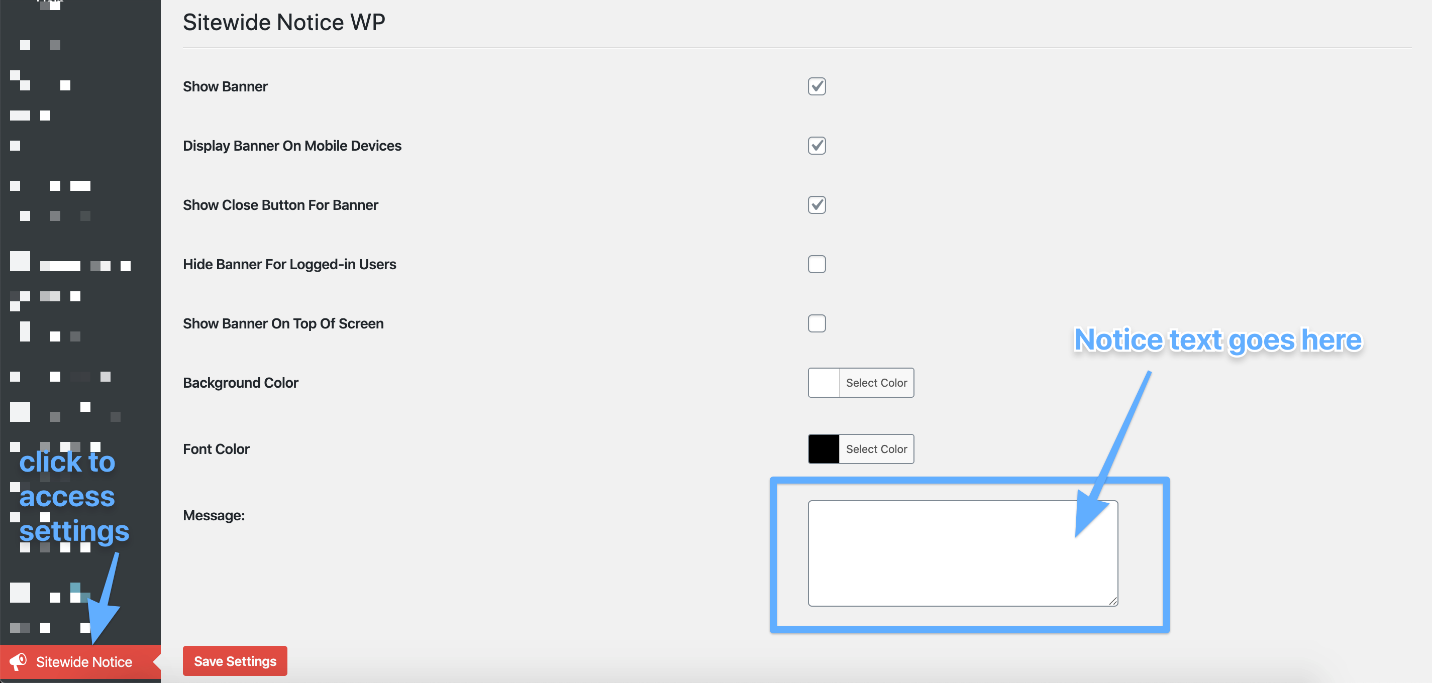 Adding message to sitewide plugin