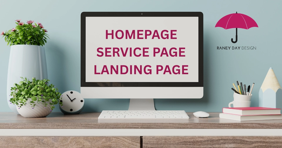 A desktop computer on a wood desk displays the words 'Homepage, Service Page, Landing Page' in bold pink text. The desk is styled with potted plants, a round clock, a cup of pencils, stacked books, and a decorative paper pencil.