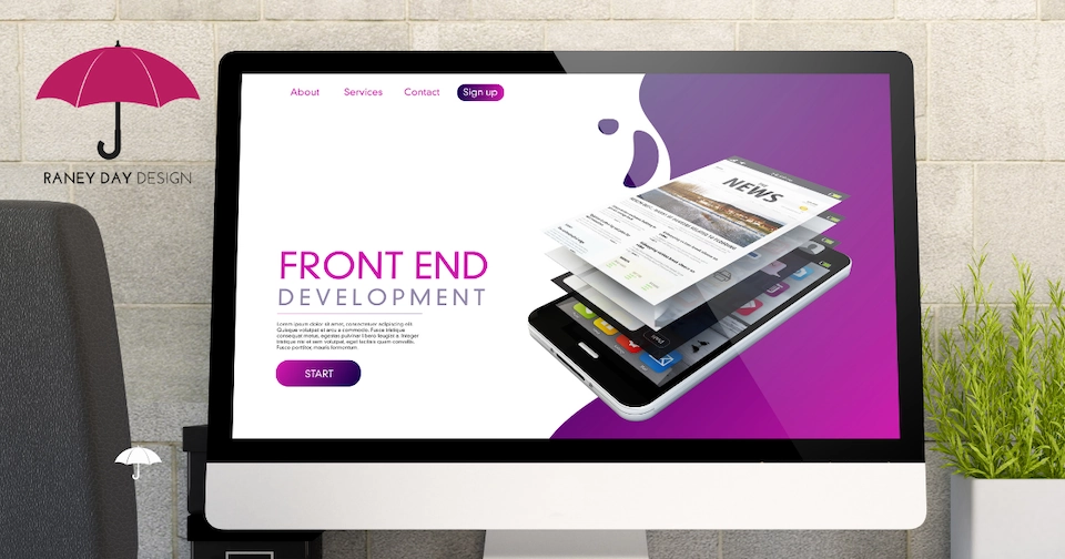 A desktop monitor displays a purple and white website mockup titled 'Front End Development' with a 3D graphic of layered web pages emerging from a smartphone. A gray office chair and potted green plant flank the monitor against a concrete wall.