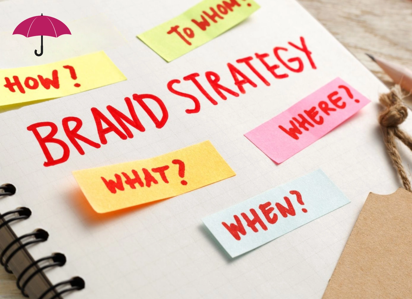a notebook covered in colorful sticky notes featuring handwritten interrogative words regarding brand strategy